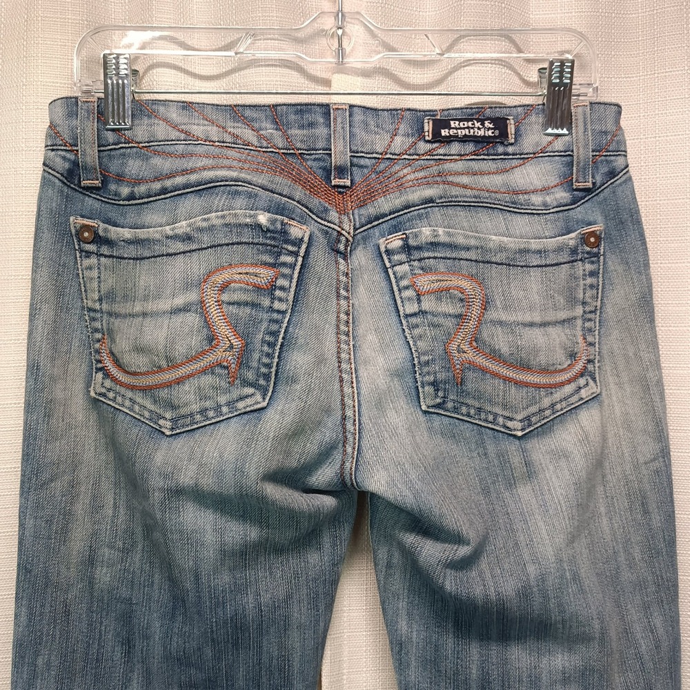 Rock & Republic Winger Blue Flare Jeans Embroidered Low Rise Womens 26 USA Y2K